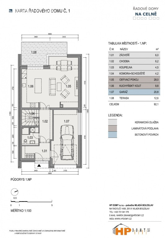 Projekt 14-ti řadových domů Na Celně – Mladá Boleslav, půdorys.